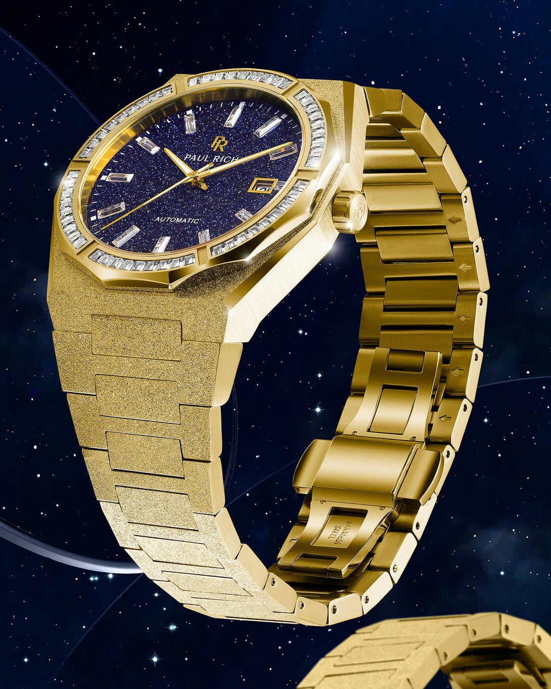 Gold frosted watch angled to show bracelet and clasp, featuring blue aventurine dial, moissanite bezel, and date window against starry background. Quartz | Automatic product_visual Gold frosted watch angled to show bracelet and clasp, featuring blue aventurine dial, moissanite bezel, and date window against starry background. Quartz | Automatic product_visual