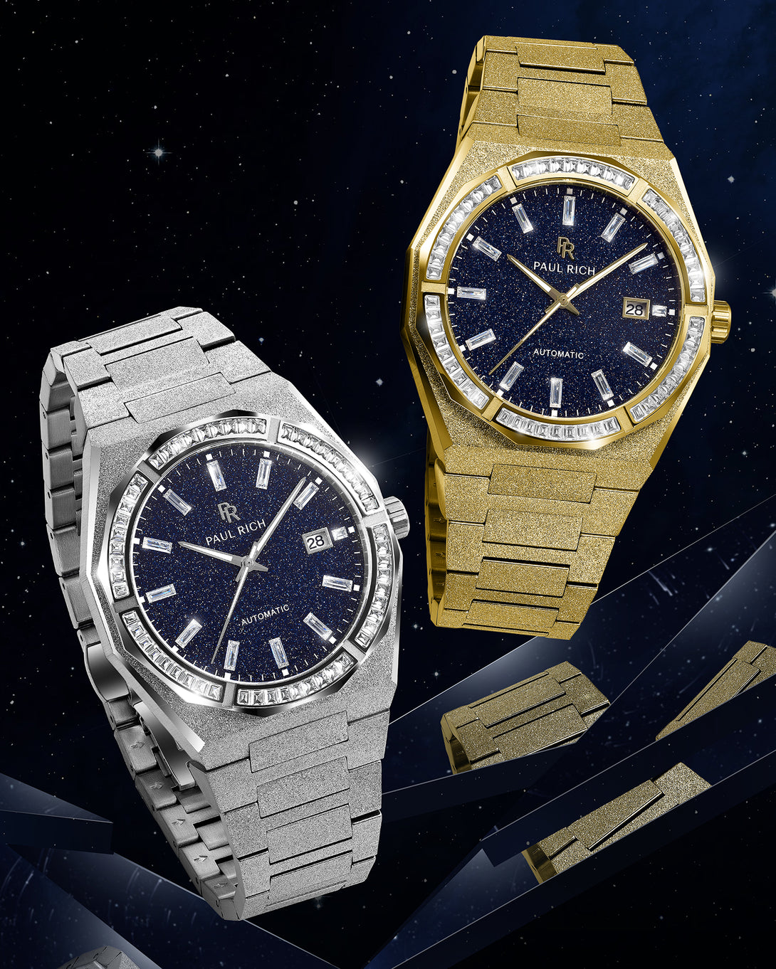 Gold and silver frosted watches with blue aventurine dials and moissanite bezels displayed together against a starry night background. Quartz | Automatic product_visual Gold and silver frosted watches with blue aventurine dials and moissanite bezels displayed together against a starry night background. Quartz | Automatic product_visual