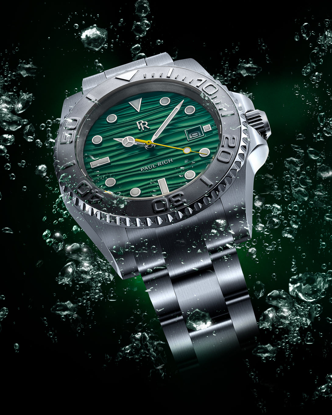 Stainless steel watch with a green wave-textured dial shown against splashing green-tinted water on a dark background, highlighting the bezel and bracelet. product_visual Stainless steel watch with a green wave-textured dial shown against splashing green-tinted water on a dark background, highlighting the bezel and bracelet. product_visual