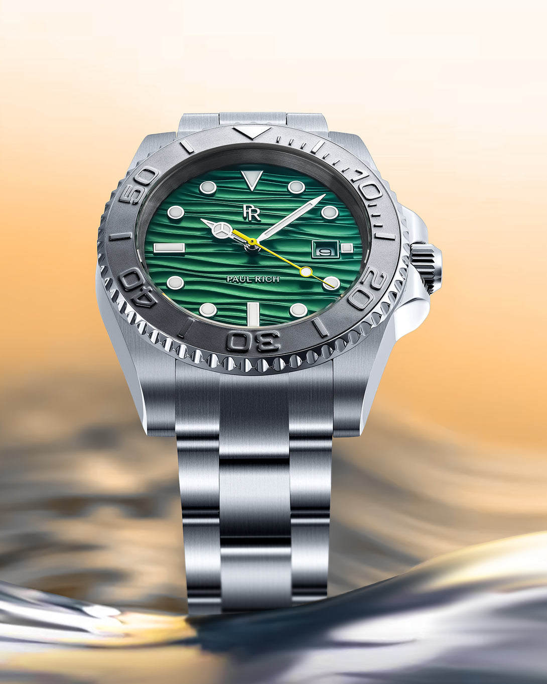 Stainless steel watch with a green wave-textured dial shown above reflective water with a warm sky background, highlighting the bezel and bracelet. product_visual Stainless steel watch with a green wave-textured dial shown above reflective water with a warm sky background, highlighting the bezel and bracelet. product_visual