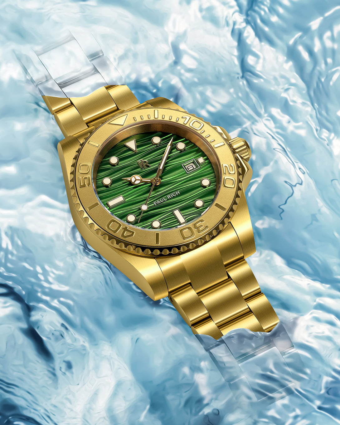 Gold-tone stainless steel watch with a green wave-textured dial resting on bright blue water, showing the case, bracelet, and unidirectional bezel in detail. product_visual Gold-tone stainless steel watch with a green wave-textured dial resting on bright blue water, showing the case, bracelet, and unidirectional bezel in detail. product_visual