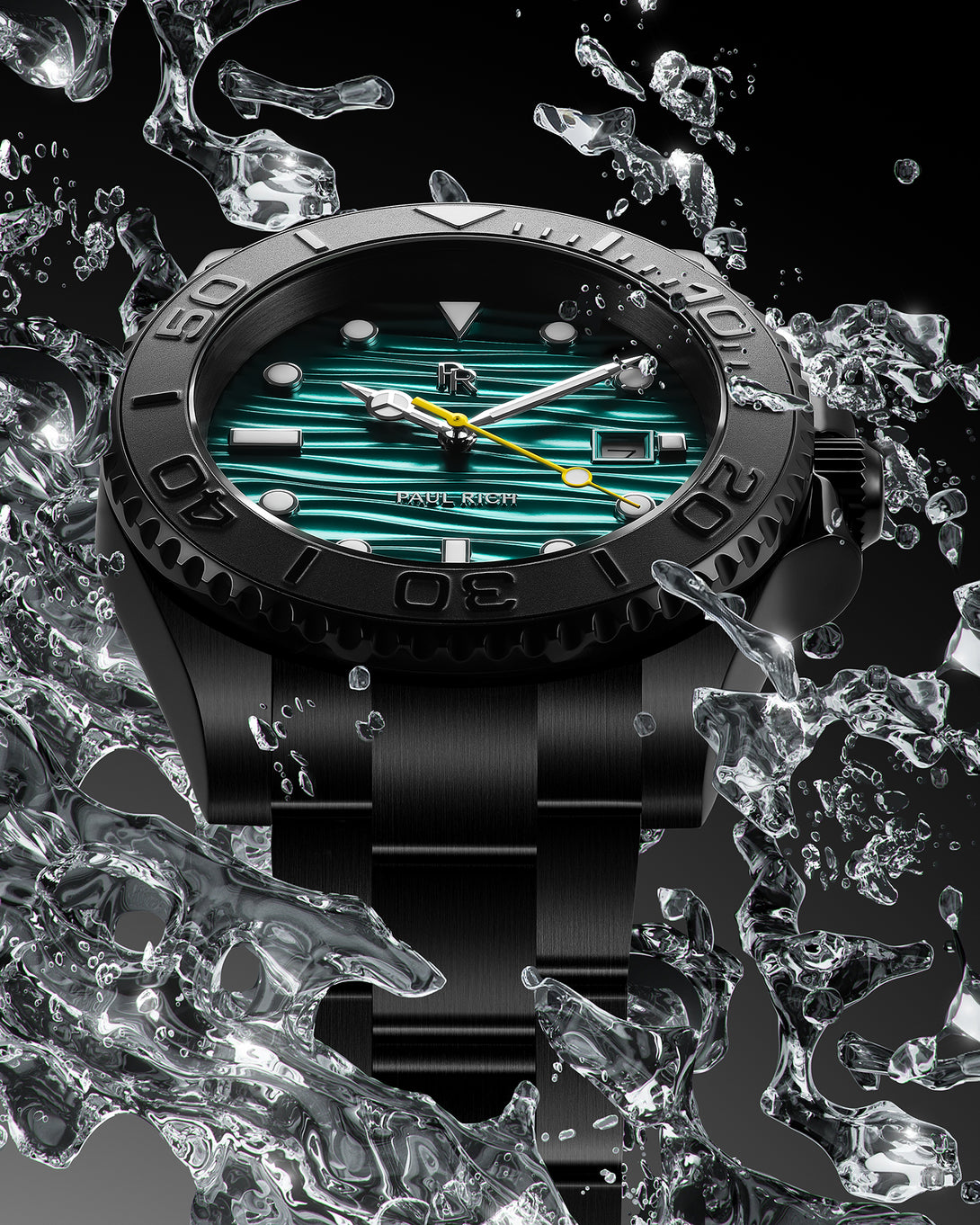 Black stainless steel watch with a teal wave-textured dial shown surrounded by splashing water on a dark background, highlighting the bezel and bracelet. product_visual Black stainless steel watch with a teal wave-textured dial shown surrounded by splashing water on a dark background, highlighting the bezel and bracelet. product_visual