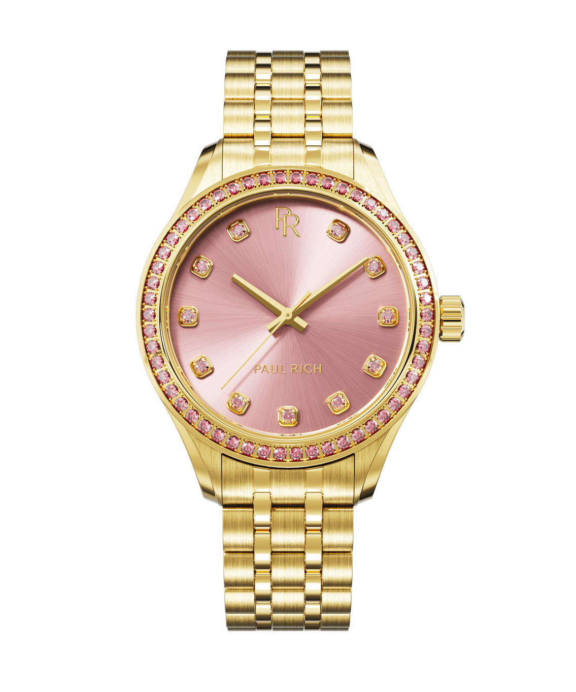 Gold Paul Rich women’s watch with a pink sunray dial, crystal hour markers, crystal-set bezel, and gold bracelet on a transparent background. Gold Paul Rich women’s watch with a pink sunray dial, crystal hour markers, crystal-set bezel, and gold bracelet on a transparent background.