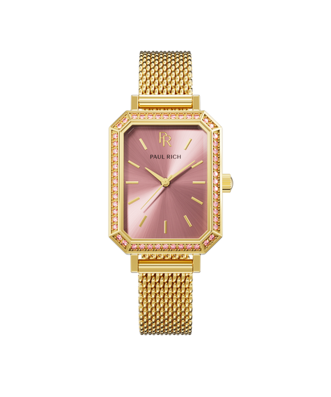 Icon - Gold Pink Gold-tone rectangular Paul Rich womenβs watch with a pink sunray dial, crystal-set bezel, and gold mesh bracelet on a black background.
