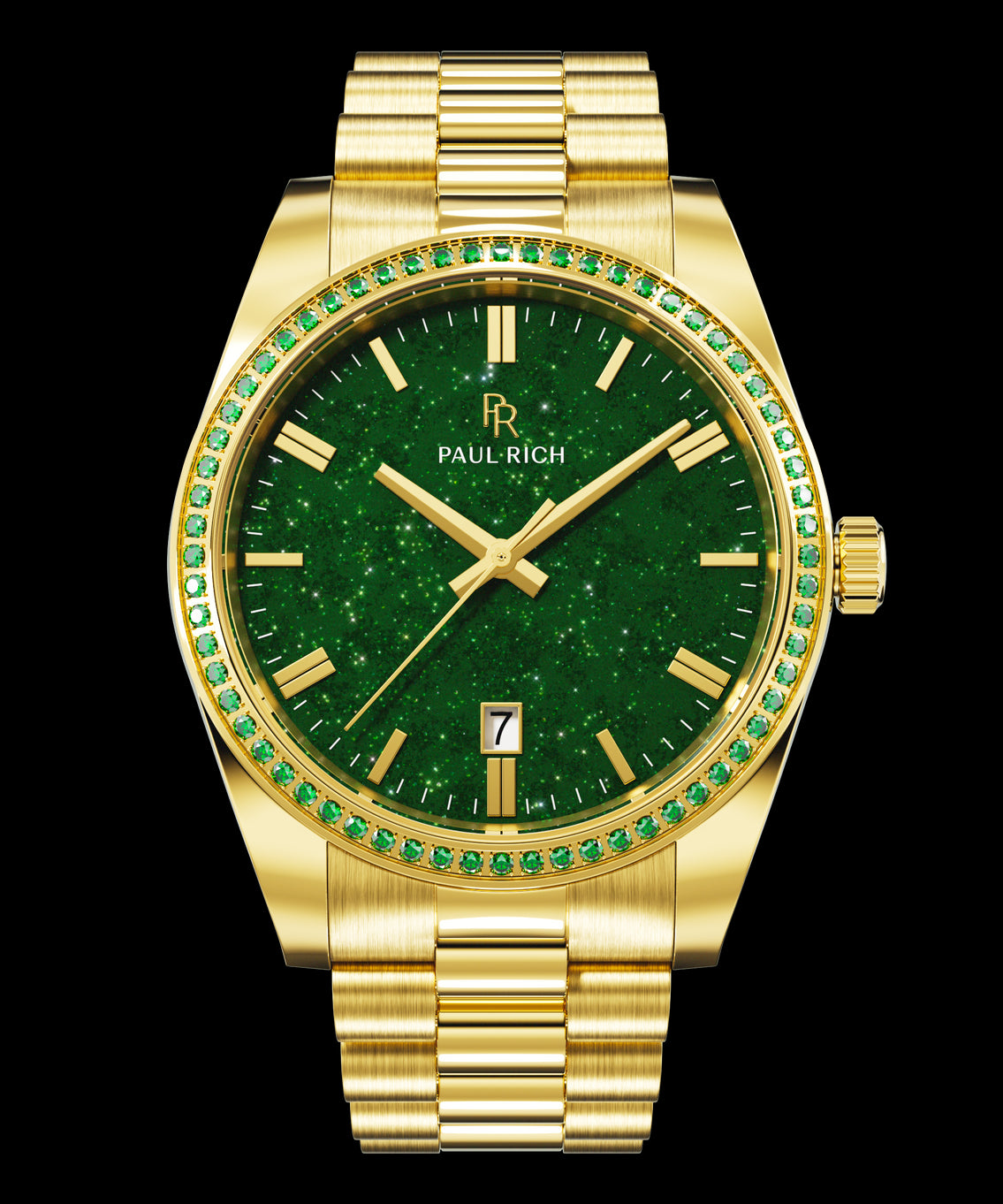 Gold watch with green aventurine dial and green gemstone-set bezel on a gold bracelet, featuring the Paul Rich logo and date window. Gold watch with green aventurine dial and green gemstone-set bezel on a gold bracelet, featuring the Paul Rich logo and date window.