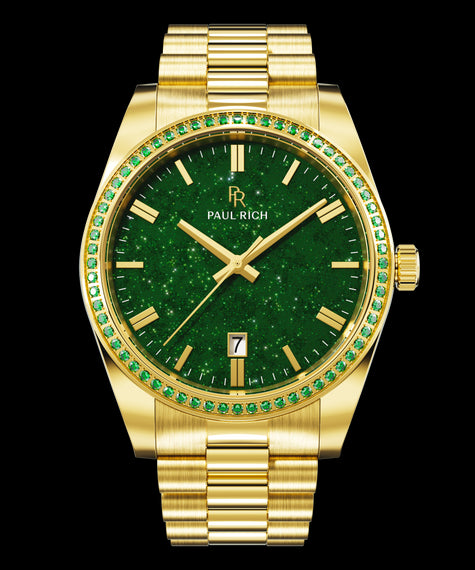 Legacy Gold - Aventurine Green Emerald Gold watch with green aventurine dial and green gemstone-set bezel on a gold bracelet, featuring the Paul Rich logo and date window.