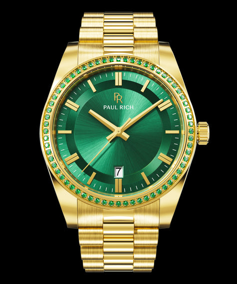 Legacy Gold Green - Emerald Gold watch with green sunray dial and green gemstone-set bezel on a gold bracelet, displaying the Paul Rich logo and date window.