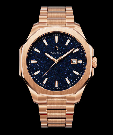 Mercer Regent - Aventurine Blue Front view of Paul Rich watch with brushed rose gold case and bracelet, blue aventurine dial, rose gold indices, and date window at 3 o’clock.