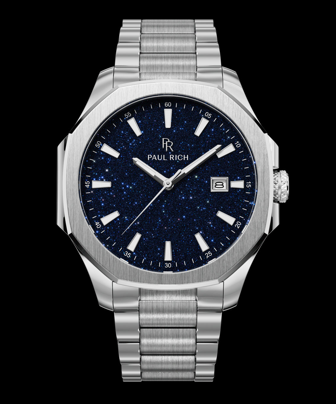 Front view of Paul Rich watch with brushed silver case and bracelet, blue aventurine dial, silver indices, and date window at 3 o’clock. Front view of Paul Rich watch with brushed silver case and bracelet, blue aventurine dial, silver indices, and date window at 3 o’clock.