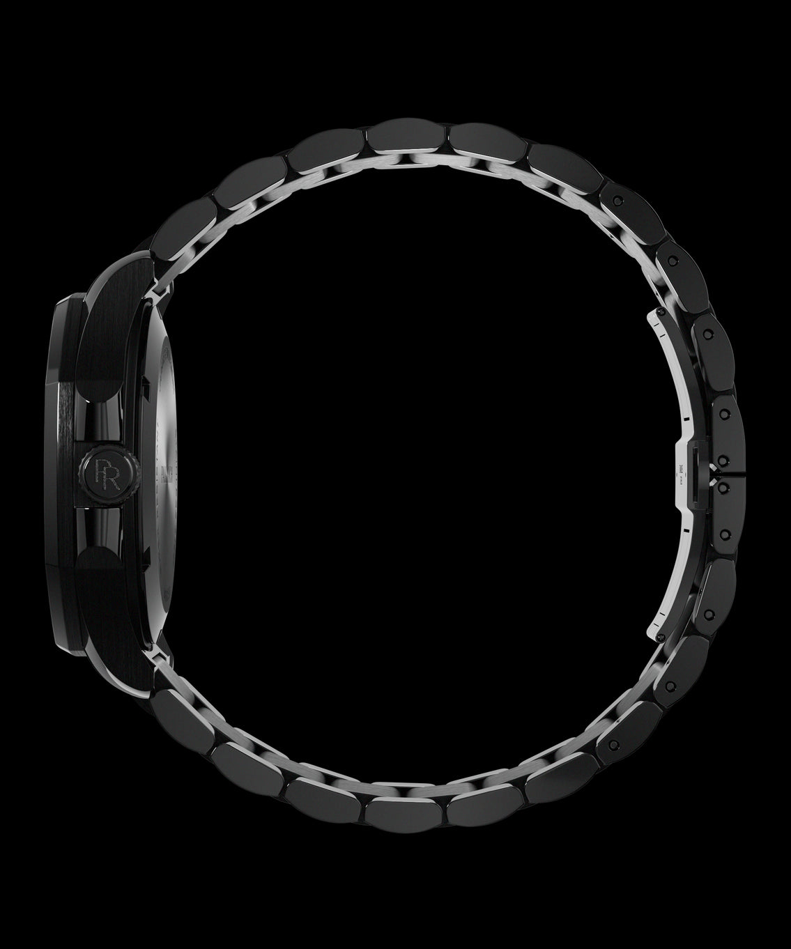 Side view of Paul Rich watch with brushed black case, PR monogram crown, and closed black metal bracelet forming a circular loop. Side view of Paul Rich watch with brushed black case, PR monogram crown, and closed black metal bracelet forming a circular loop.