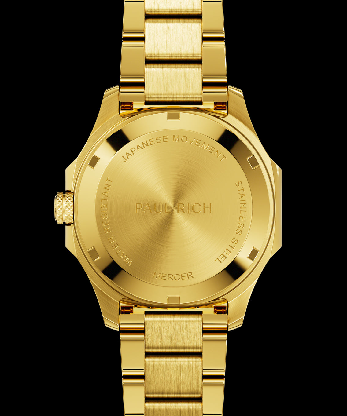 Back view of Paul Rich watch with brushed gold caseback engraved with “PAUL RICH,” “MERCER,” “JAPANESE MOVEMENT,” and “STAINLESS STEEL.” Back view of Paul Rich watch with brushed gold caseback engraved with “PAUL RICH,” “MERCER,” “JAPANESE MOVEMENT,” and “STAINLESS STEEL.”