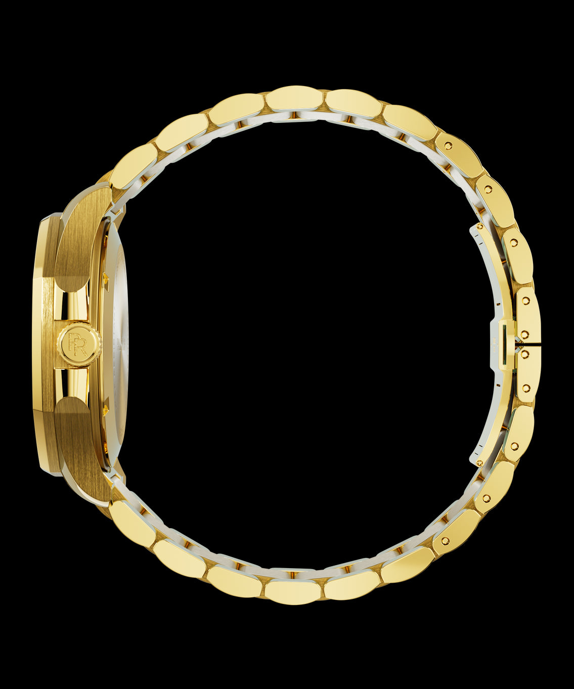 Side view of Paul Rich watch with brushed gold case, PR monogram crown, and polished gold bracelet fully closed in a circular loop. Side view of Paul Rich watch with brushed gold case, PR monogram crown, and polished gold bracelet fully closed in a circular loop.