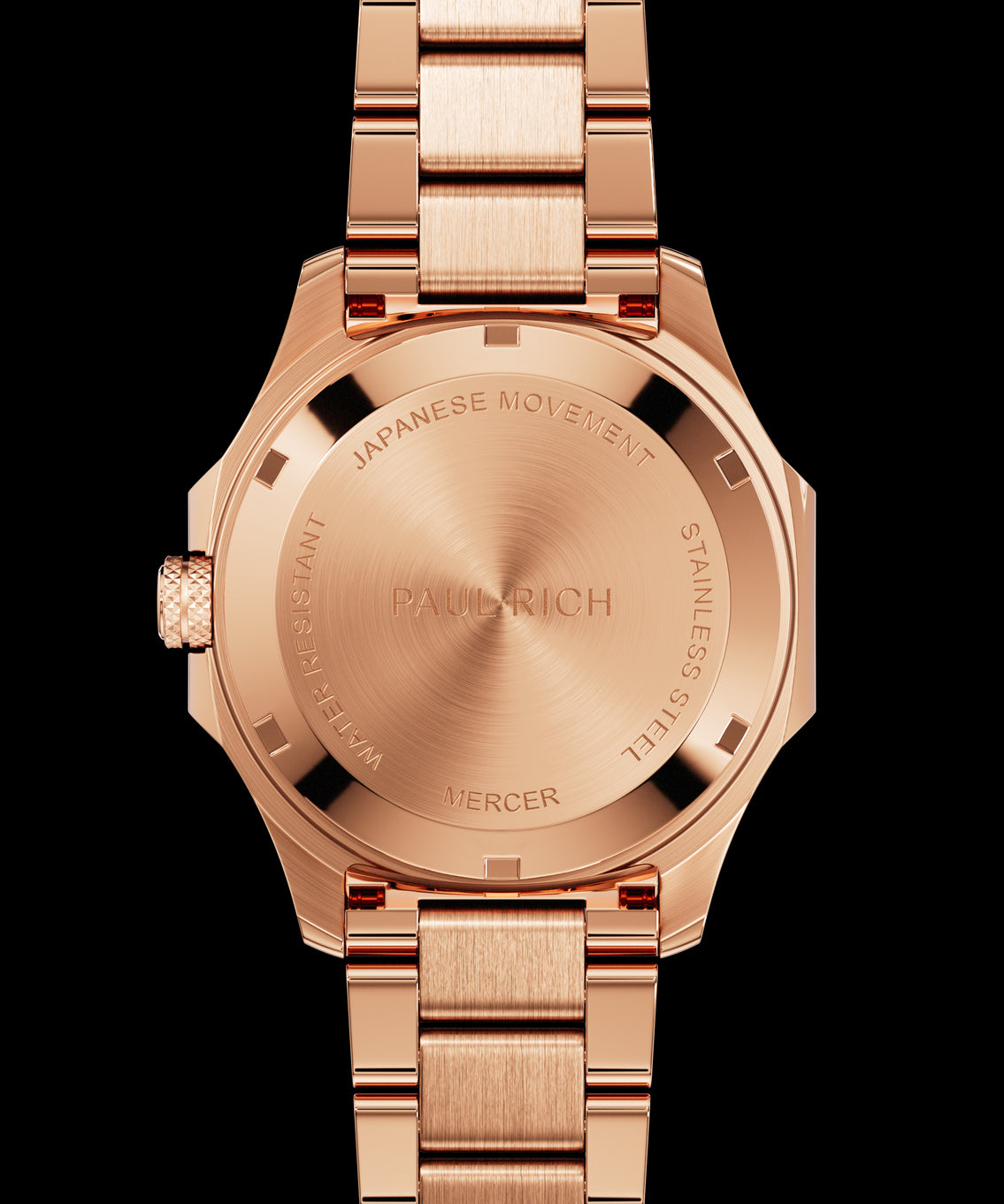 Back view of Paul Rich watch with brushed rose gold caseback engraved with “PAUL RICH,” “MERCER,” “JAPANESE MOVEMENT,” and “STAINLESS STEEL.” Back view of Paul Rich watch with brushed rose gold caseback engraved with “PAUL RICH,” “MERCER,” “JAPANESE MOVEMENT,” and “STAINLESS STEEL.”