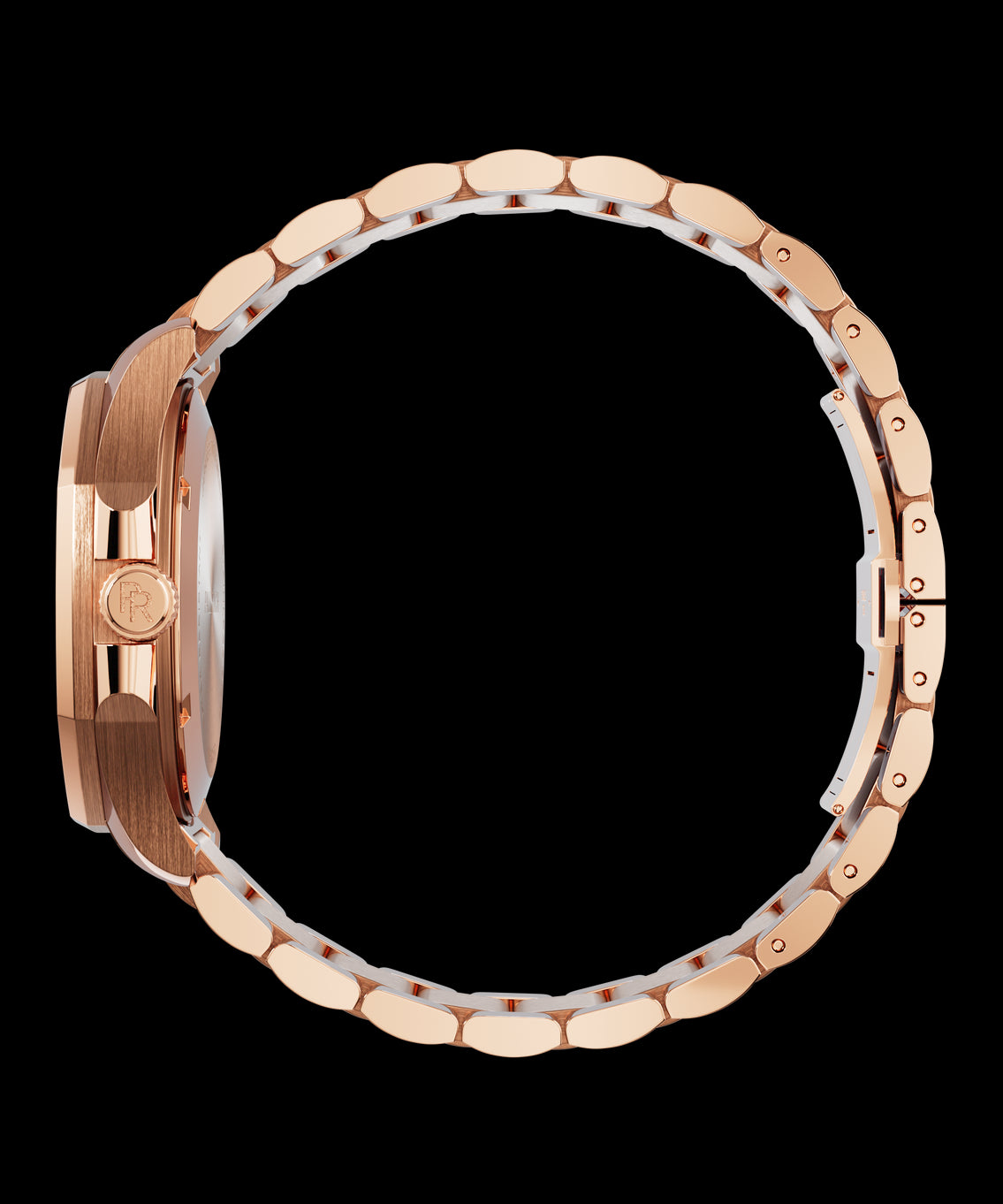 Side view of Paul Rich watch with brushed rose gold case, PR monogram crown, and polished rose gold bracelet closed in a full circle. Side view of Paul Rich watch with brushed rose gold case, PR monogram crown, and polished rose gold bracelet closed in a full circle.