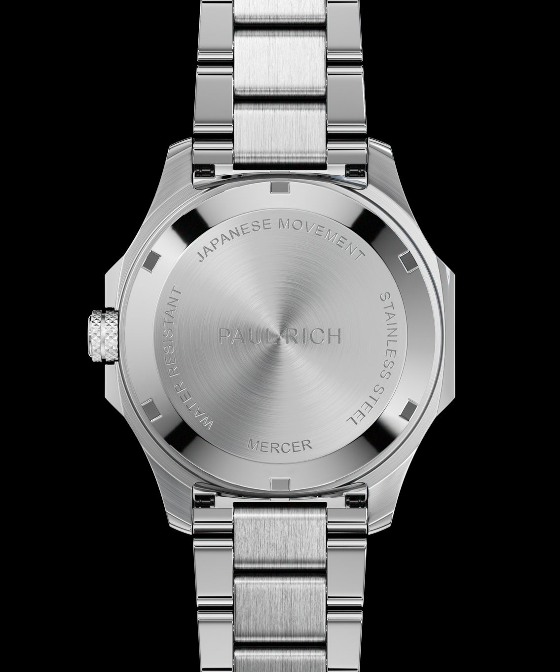 Back view of Paul Rich watch with brushed silver caseback engraved with  Back view of Paul Rich watch with brushed silver caseback engraved with