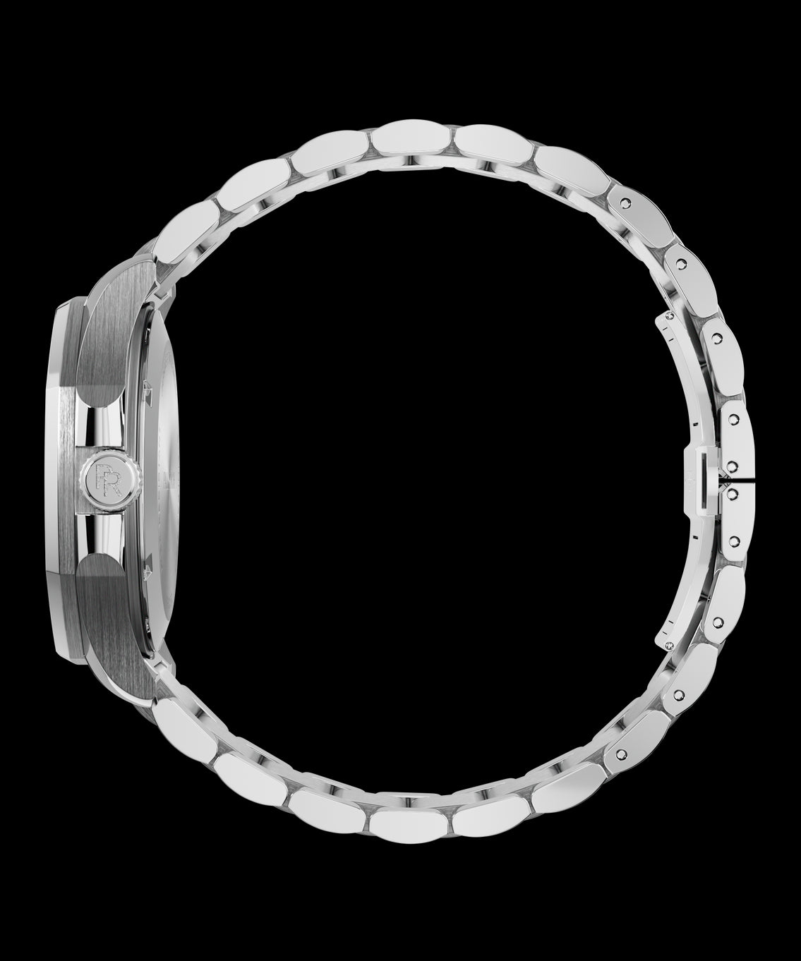 Side view of Paul Rich watch with brushed silver case, PR monogram crown, and polished silver bracelet fully closed in a circular loop. Side view of Paul Rich watch with brushed silver case, PR monogram crown, and polished silver bracelet fully closed in a circular loop.