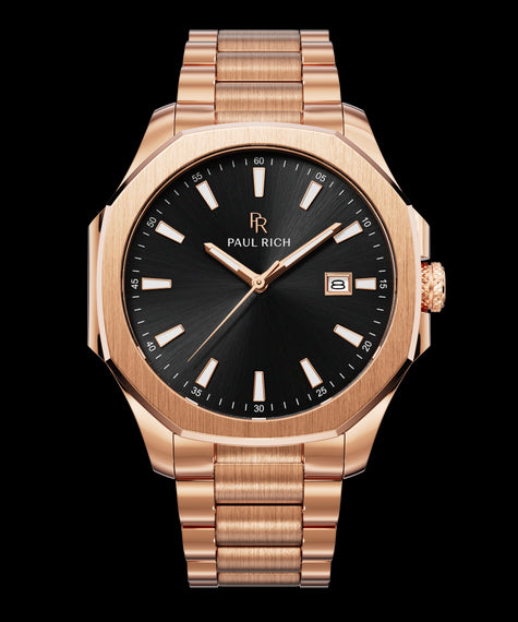 Mercer - Regent Front view of Paul Rich watch with brushed rose gold case and bracelet, black sunray dial, rose gold hands, and date window at 3 o’clock.