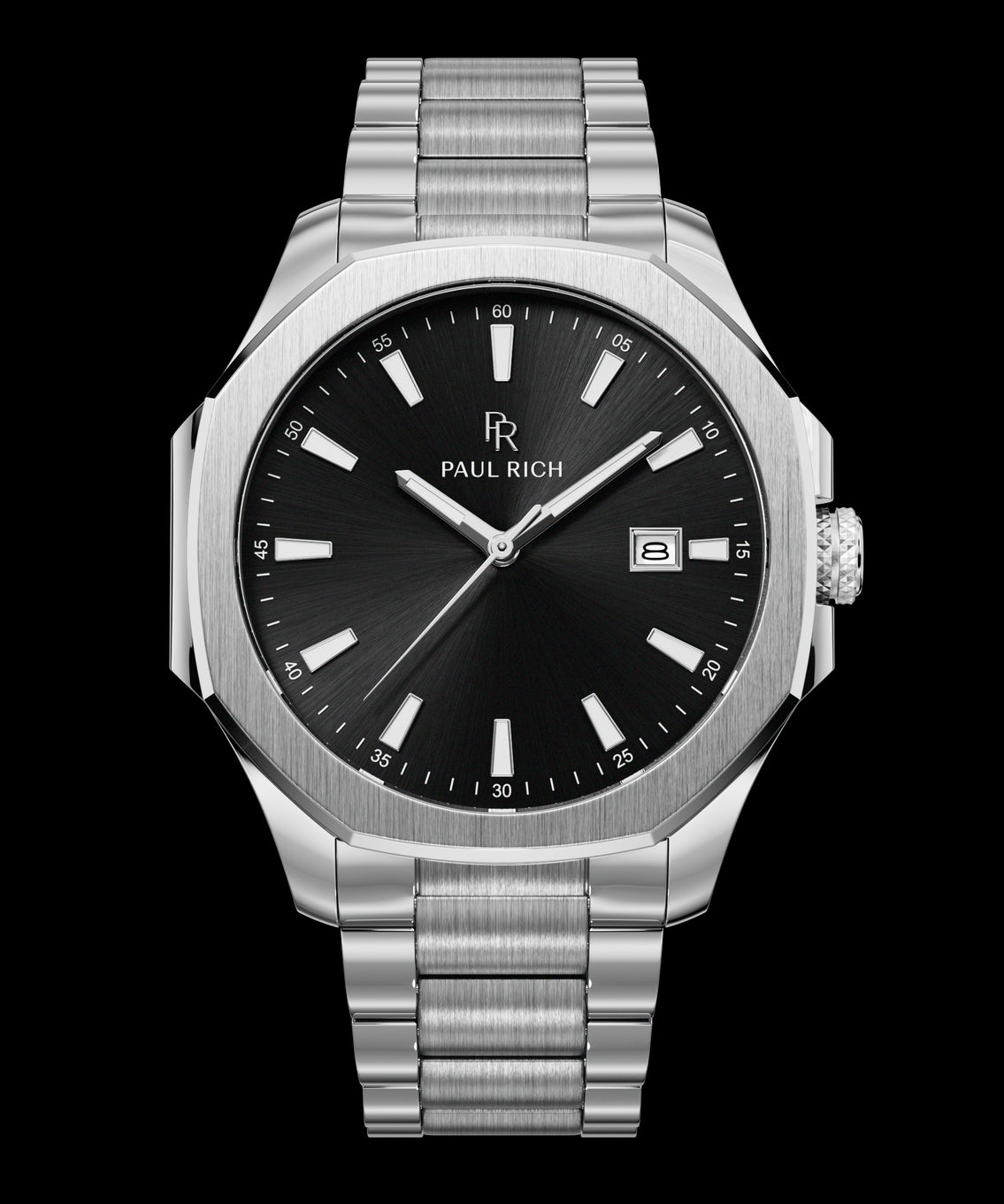Front view of Paul Rich watch with black sunray dial, silver indices, date window at 3 o'clock, and brushed silver bracelet. Front view of Paul Rich watch with black sunray dial, silver indices, date window at 3 o'clock, and brushed silver bracelet.