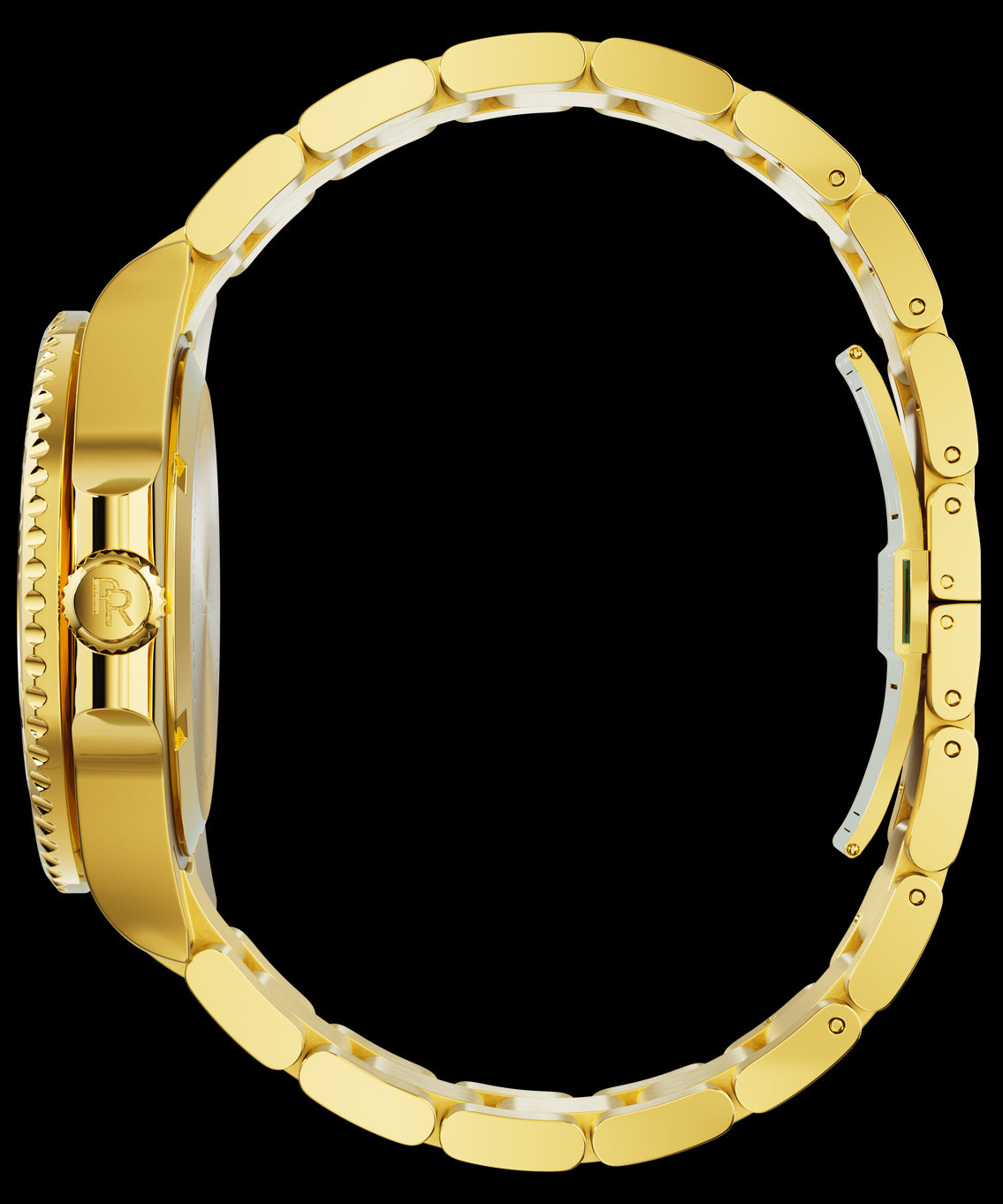 Side view of a gold-tone stainless steel watch and bracelet, showing the crown, case profile, and curved linked band. Side view of a gold-tone stainless steel watch and bracelet, showing the crown, case profile, and curved linked band.