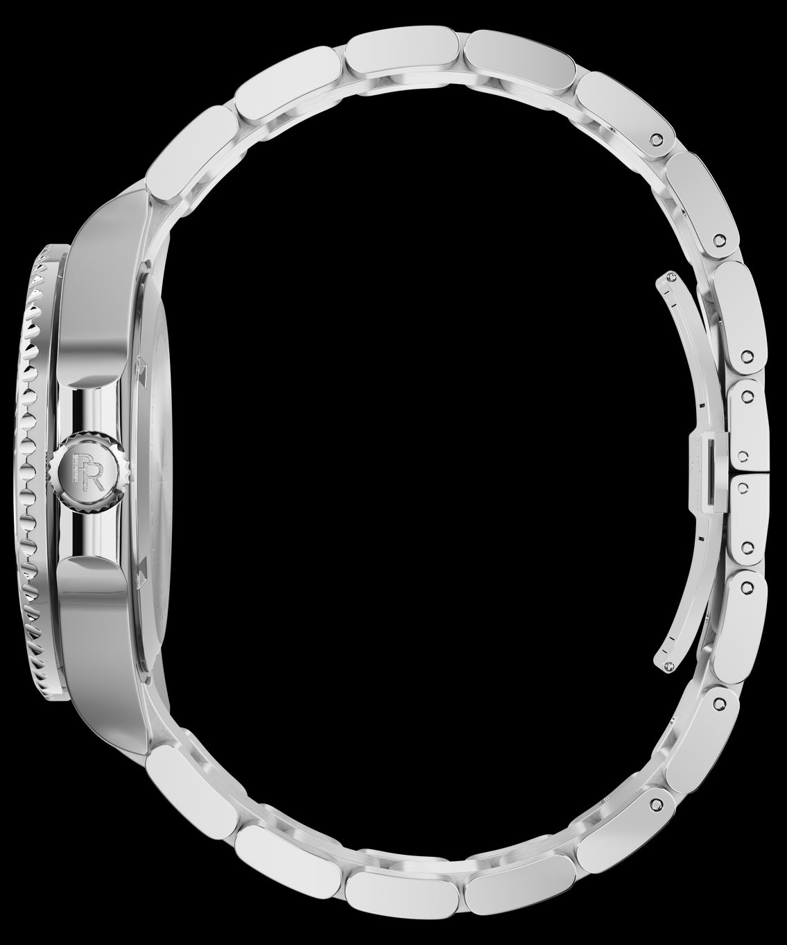 Side view of a stainless steel watch and bracelet, showing the crown, case profile, and linked b and against a transparent background. Side view of a stainless steel watch and bracelet, showing the crown, case profile, and linked b and against a transparent background.