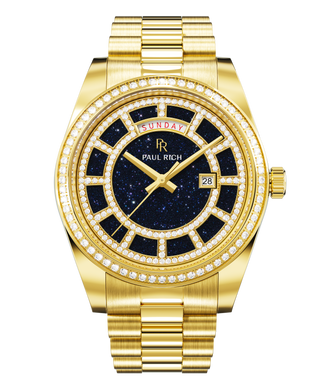Crown Legacy Gold - Aventurine Blue Gold watch with a blue aventurine dial, day and date windows, and a bezel and hour markers set with clear stones on a full gold bracelet.