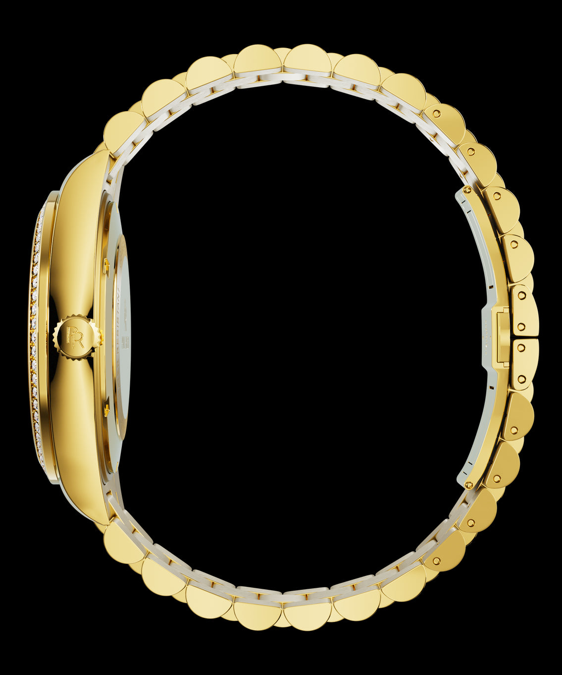 Side view of a gold watch with a gem-set bezel, gold crown engraved with the PR logo, and a full gold bracelet. Side view of a gold watch with a gem-set bezel, gold crown engraved with the PR logo, and a full gold bracelet.