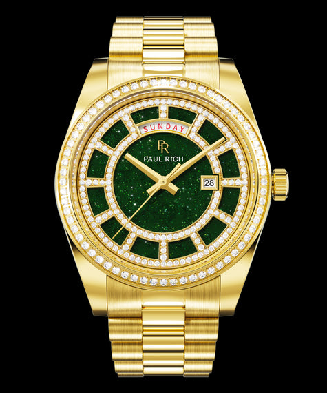 Crown Legacy Gold - Aventurine Green Gold watch with a green aventurine dial, day and date windows, and a bezel and hour markers set with clear stones on a full gold bracelet.