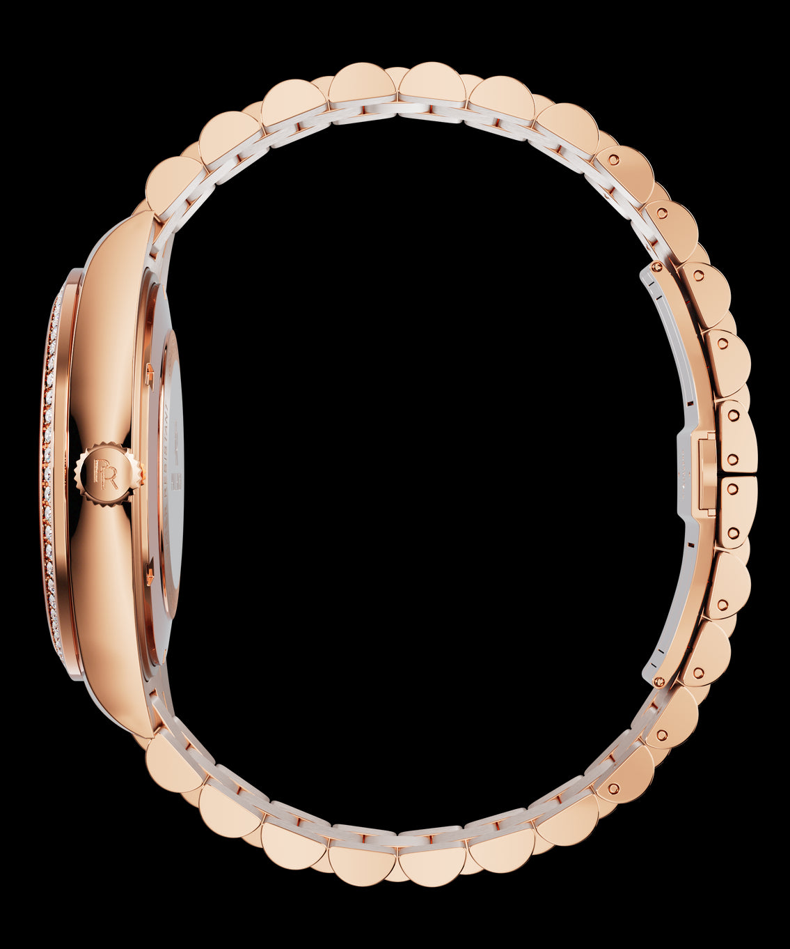 Side view of a rose-gold watch with a gem-set bezel, rose-gold crown engraved with the PR logo, and a full rose-gold bracelet. Side view of a rose-gold watch with a gem-set bezel, rose-gold crown engraved with the PR logo, and a full rose-gold bracelet.