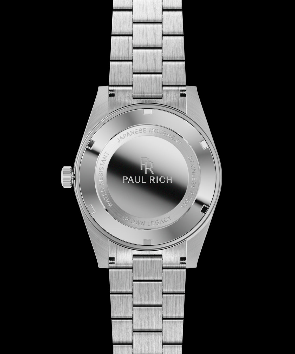 Stainless-steel watch case back with engraved text and logo, brushed bracelet links, and a silver crown. Stainless-steel watch case back with engraved text and logo, brushed bracelet links, and a silver crown.