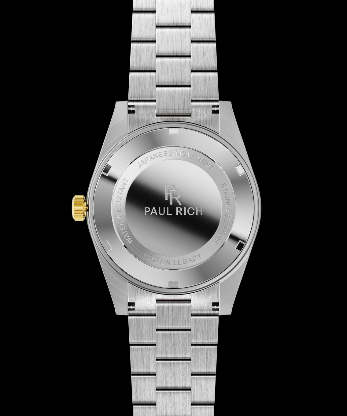 Stainless-steel watch case back with engraved text and logo, brushed bracelet links, and a gold crown. Stainless-steel watch case back with engraved text and logo, brushed bracelet links, and a gold crown.