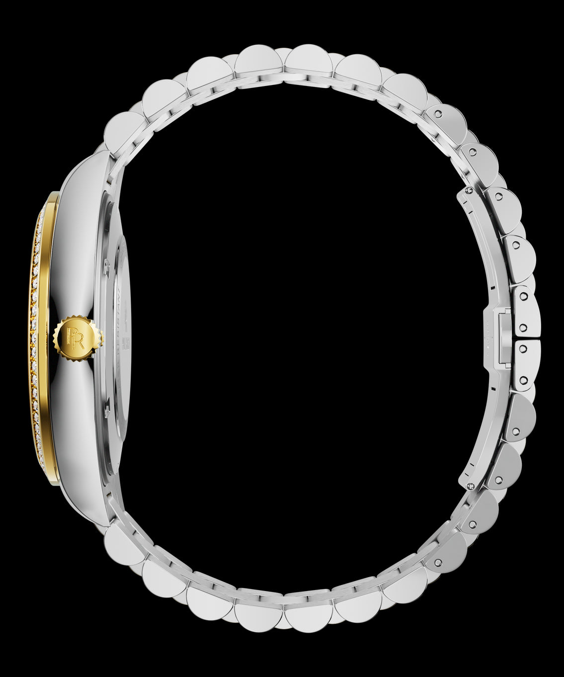Side view of a silver watch with a gold crown engraved with the PR logo, a gold gem-set bezel, and a full stainless-steel bracelet. Side view of a silver watch with a gold crown engraved with the PR logo, a gold gem-set bezel, and a full stainless-steel bracelet.