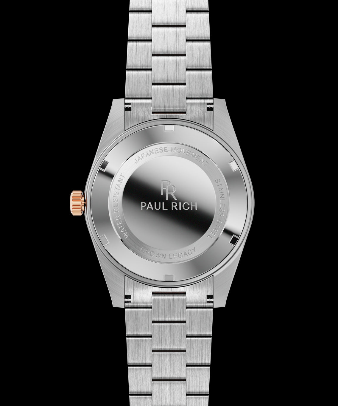 Stainless-steel watch case back with engraved text and logo, brushed metal bracelet links, and a rose-gold crown. Stainless-steel watch case back with engraved text and logo, brushed metal bracelet links, and a rose-gold crown.