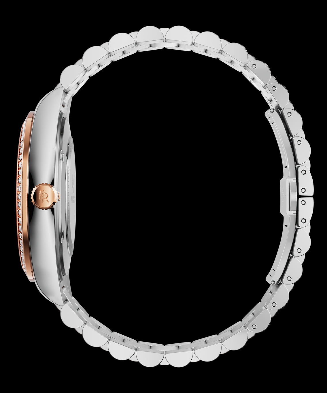 Side view of a silver watch with a rose-gold crown and gem-set bezel, showing the slim case profile and full stainless-steel bracelet. Side view of a silver watch with a rose-gold crown and gem-set bezel, showing the slim case profile and full stainless-steel bracelet.