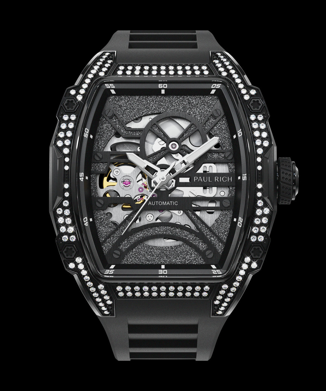 Front view of black open dial watch with silver automatic movement, black strap, and diamond-set case on white background. Front view of black open dial watch with silver automatic movement, black strap, and diamond-set case on white background.