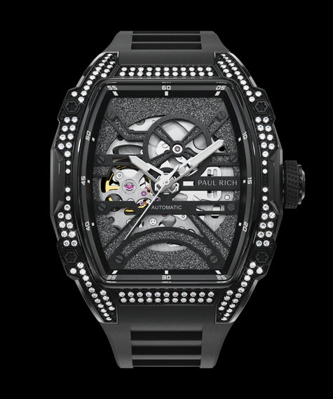 Diamond Astro Skeleton Galaxy Black Front view of black open dial watch with silver automatic movement, black strap, and diamond-set case on white background.
