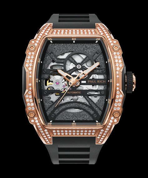 Diamond Astro Skeleton Eclipse Gold Front view of open dial watch with diamond-set rose gold case and black strap on white background.