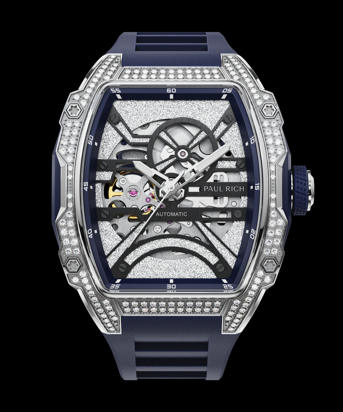 Close-up front view of open dial watch with diamond-set silver case and navy blue strap, shown on transparent background. Close-up front view of open dial watch with diamond-set silver case and navy blue strap, shown on transparent background.