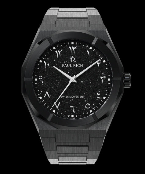 Star Dust II Desert Phantom Black watch with brushed case, black aventurine dial, and Arabic numerals, displayed on a transparent background.