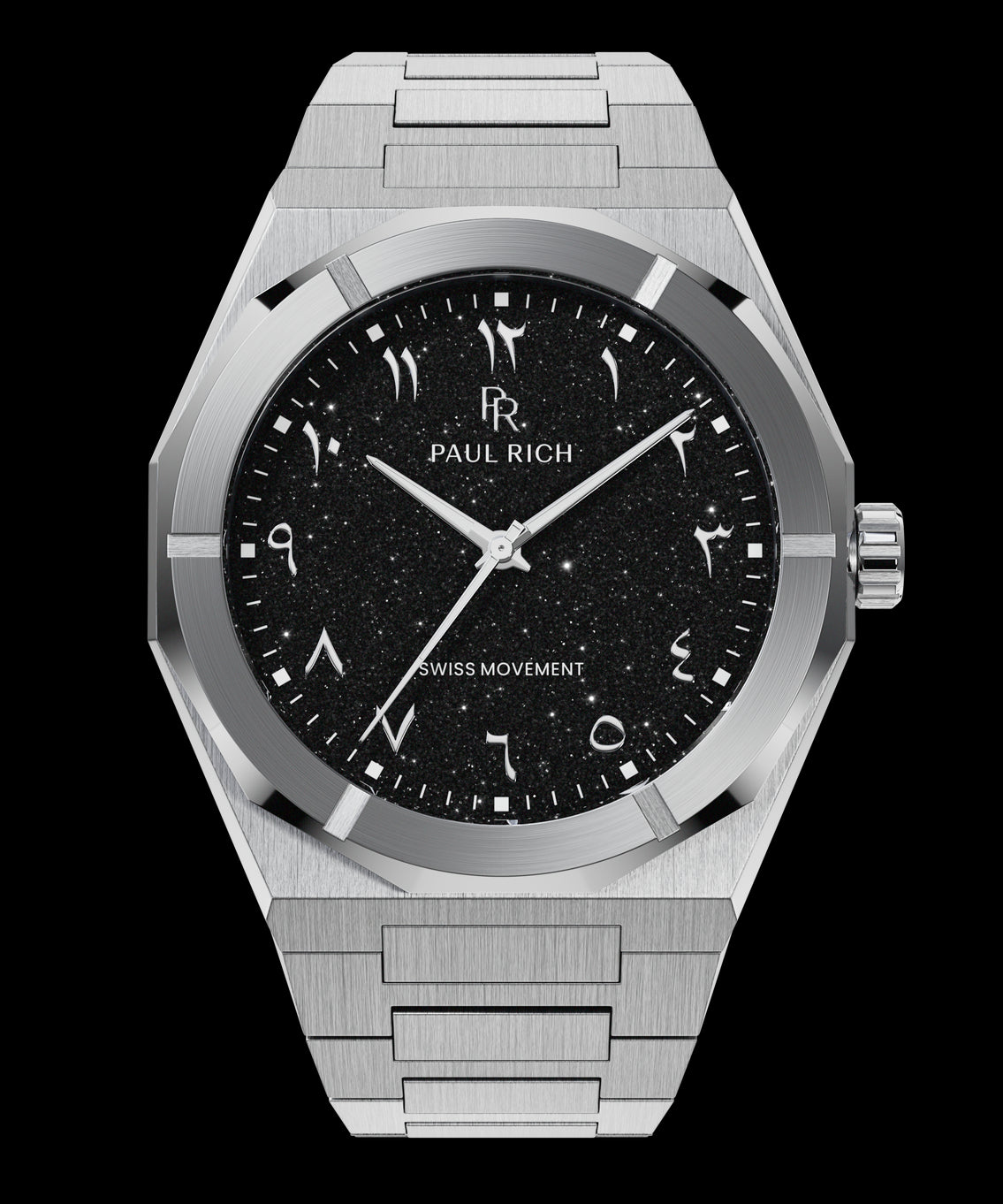 Silver watch with brushed stainless steel case, black aventurine dial, and Arabic numerals, shown on transparent background. Silver watch with brushed stainless steel case, black aventurine dial, and Arabic numerals, shown on transparent background.