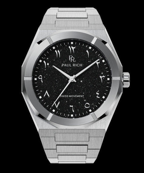 Star Dust II Shadow Oasis Silver watch with brushed stainless steel case, black aventurine dial, and Arabic numerals, shown on transparent background.