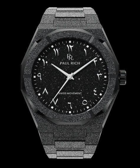 Frosted Star Dust II Desert Phantom Paul Rich black frosted watch with black aventurine dial, silver Eastern Arabic numerals, and Swiss movement.