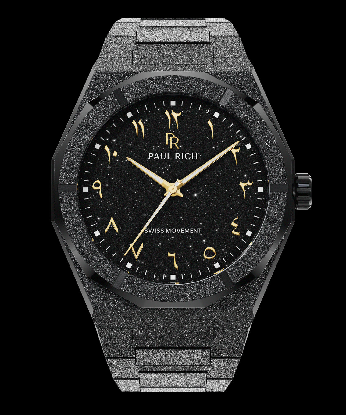 Paul Rich black frosted watch with black aventurine dial, gold Eastern Arabic numerals, and Swiss movement. Paul Rich black frosted watch with black aventurine dial, gold Eastern Arabic numerals, and Swiss movement.