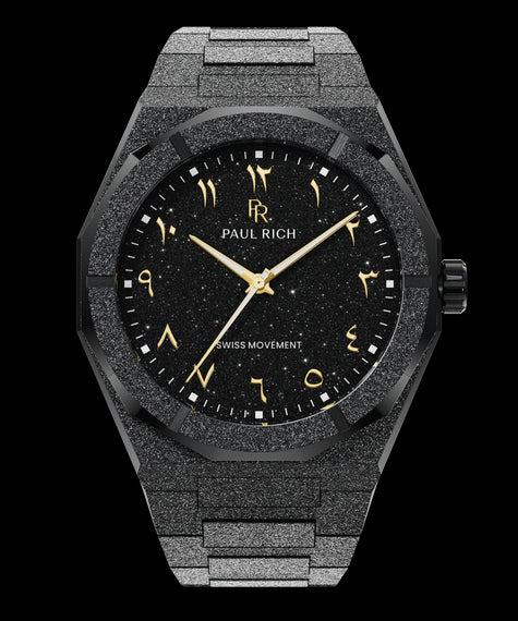 Frosted Star Dust II Gilded Shadow Paul Rich black frosted watch with black aventurine dial, gold Eastern Arabic numerals, and Swiss movement.