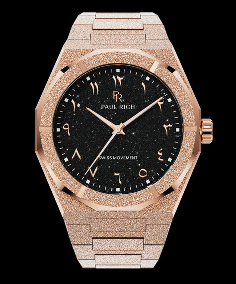 Frosted Star Dust II Obsidian Flame Paul Rich rose gold frosted watch with black aventurine dial, rose gold Eastern Arabic numerals, and Swiss movement.