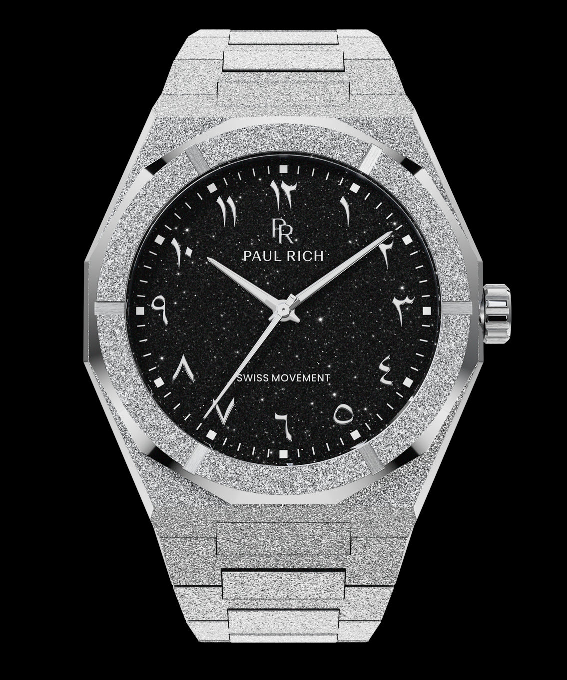 Silver watch with shimmering frosted case, black aventurine dial, and Arabic numerals, displayed on transparent background. Silver watch with shimmering frosted case, black aventurine dial, and Arabic numerals, displayed on transparent background.