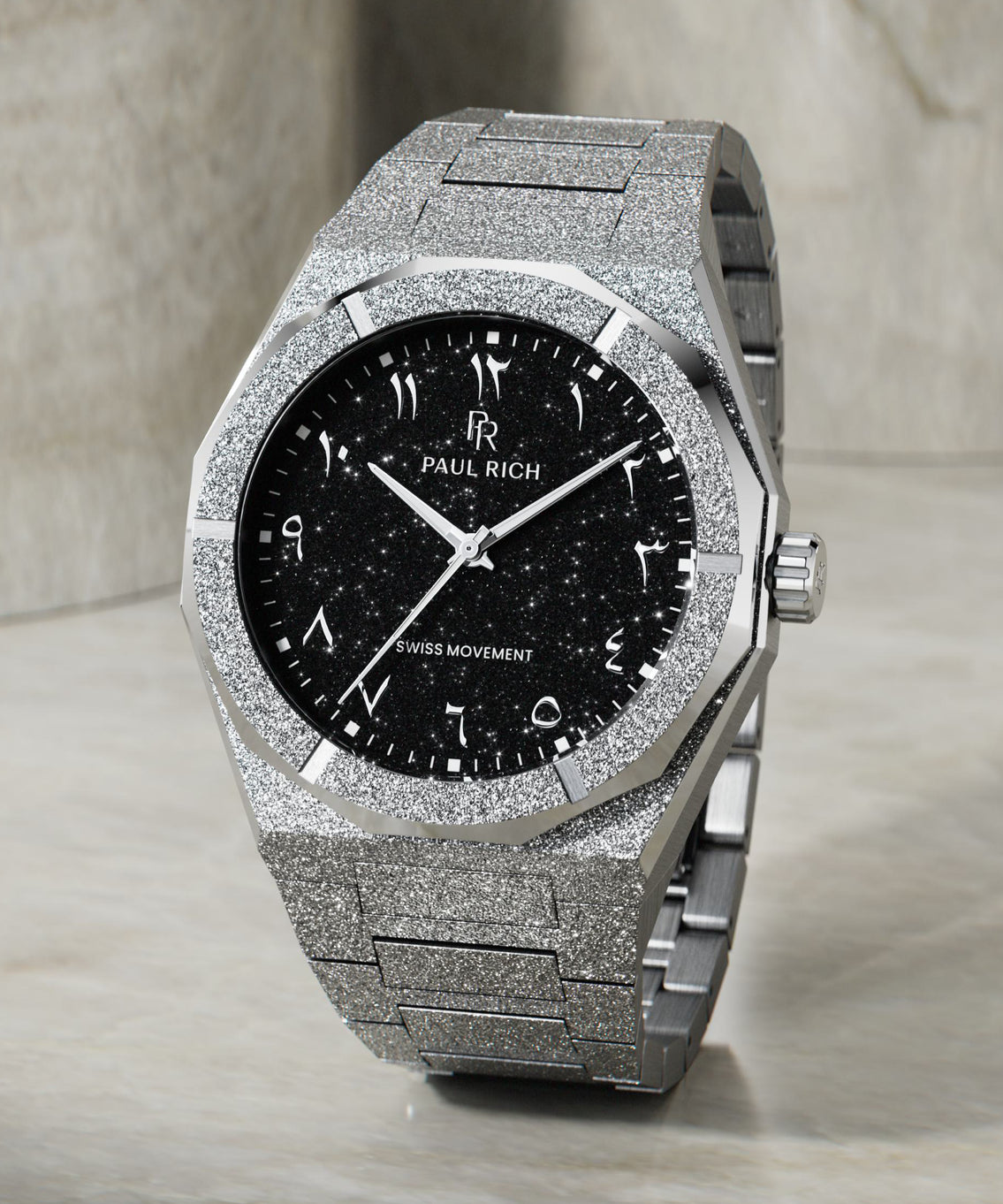 Paul Rich silver frosted watch with black aventurine dial, silver Eastern Arabic numerals, and Swiss movement on bracelet. product_visual Paul Rich silver frosted watch with black aventurine dial, silver Eastern Arabic numerals, and Swiss movement on bracelet. product_visual