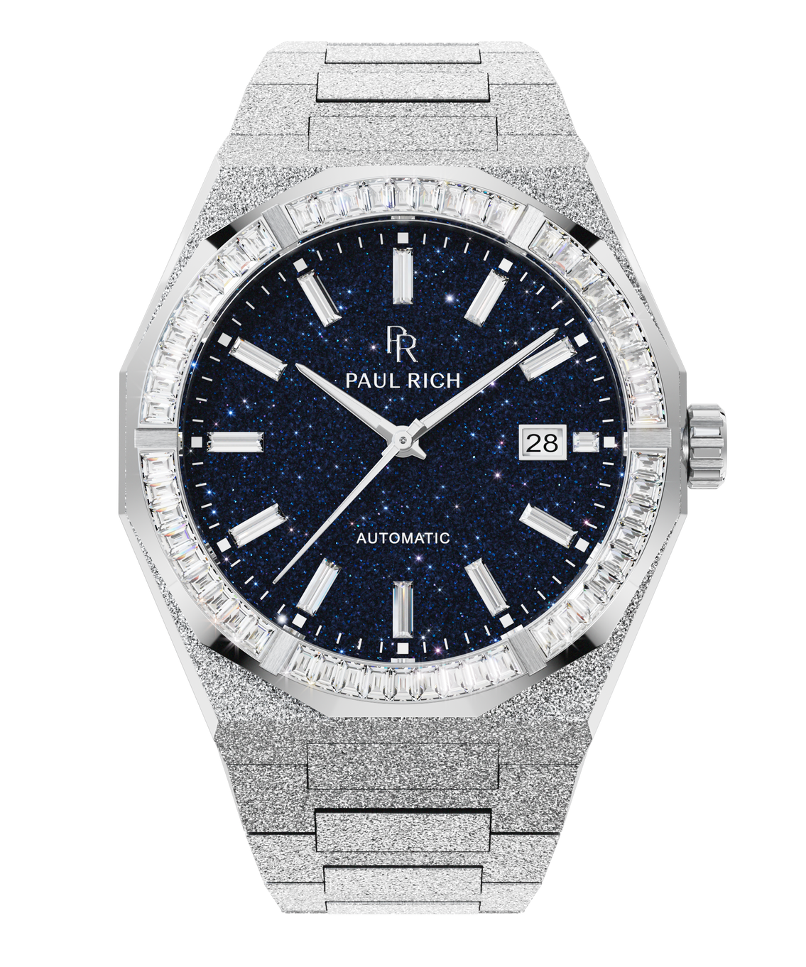 Silver frosted watch with blue aventurine dial, trapezoid-cut moissanite bezel, and date window at 3 o’clock on automatic model. Automatic Silver frosted watch with blue aventurine dial, trapezoid-cut moissanite bezel, and date window at 3 o’clock on automatic model. Automatic