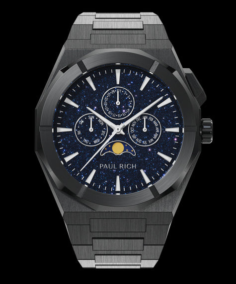 Moonphase Star Dust II Black Paul Rich black watch with aventurine dial, moonphase display, and three subdials on a brushed black bracelet.