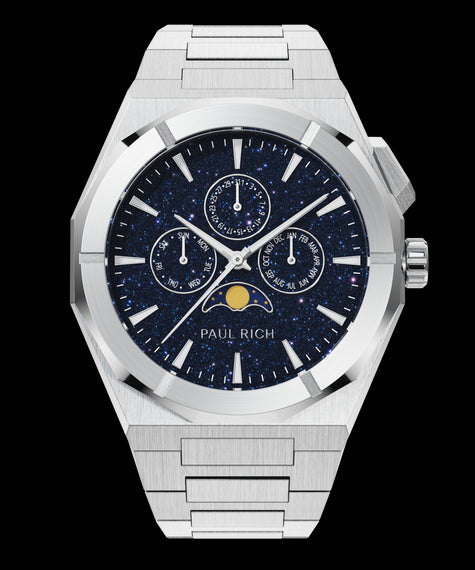 Moonphase Star Dust II Silver Paul Rich silver watch with aventurine dial, moonphase display, and three subdials on a brushed silver bracelet.