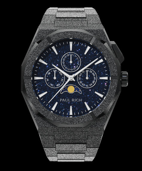 Moonphase Frosted Star Dust II Black Paul Rich frosted black watch with aventurine dial, moonphase display, and three subdials on a frosted black bracelet.